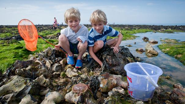 Children rockpooling on the beach in North Norfolk