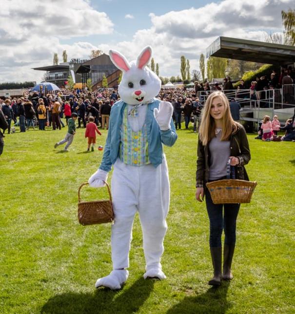 Easter bunny and visitor at Fakenham Racecourse Easter event